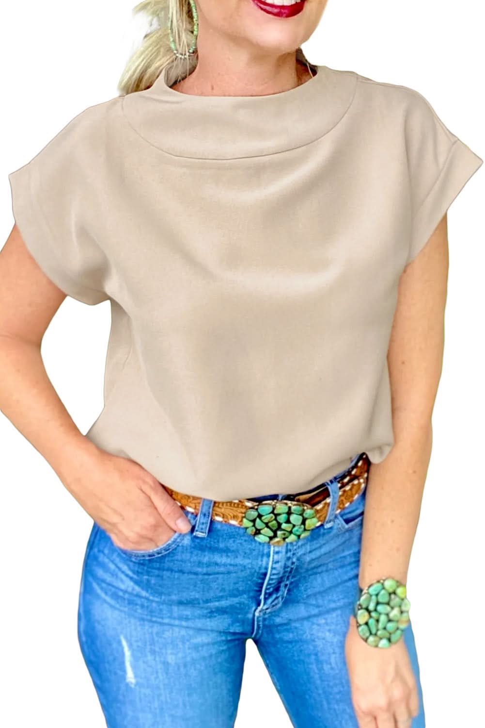 Oatmeal Plain Crew Neck Loose Fit Casual Top - Love Salve